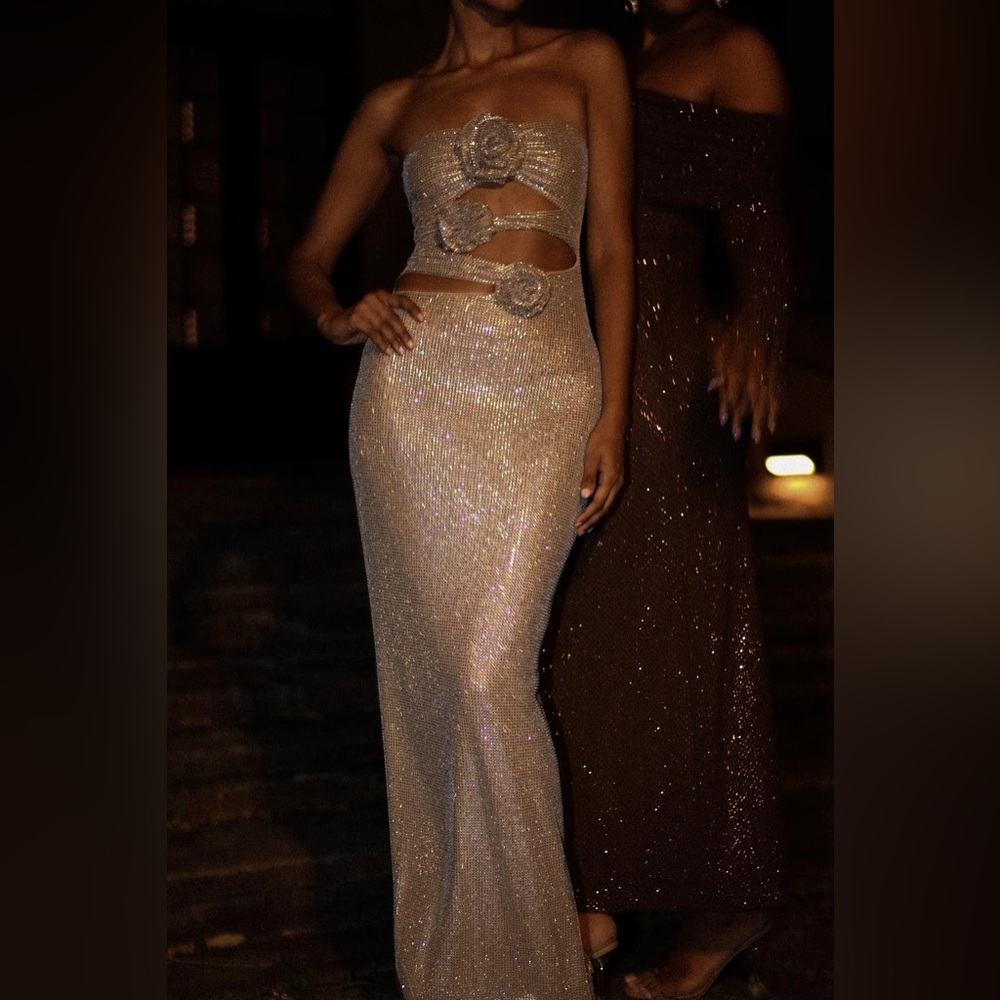 MESHKI Stassie Strapless Rose Diamante Maxi Dress - Nude. Size L. WORN ONCE!